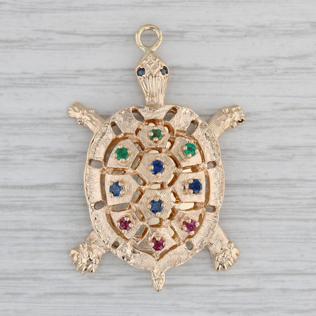Gray 0.48ctw Gemstone Turtle Pendant 14k Yellow Gold Emerald Sapphire Ruby Charm