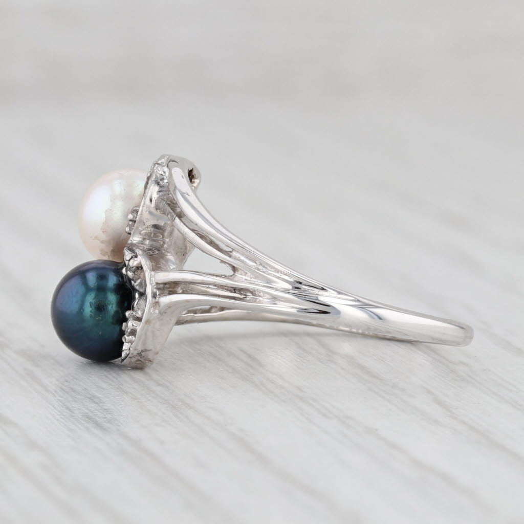 Light Gray Cultured Black White Pearl Bypass Ring 14k White Gold Size 7.5