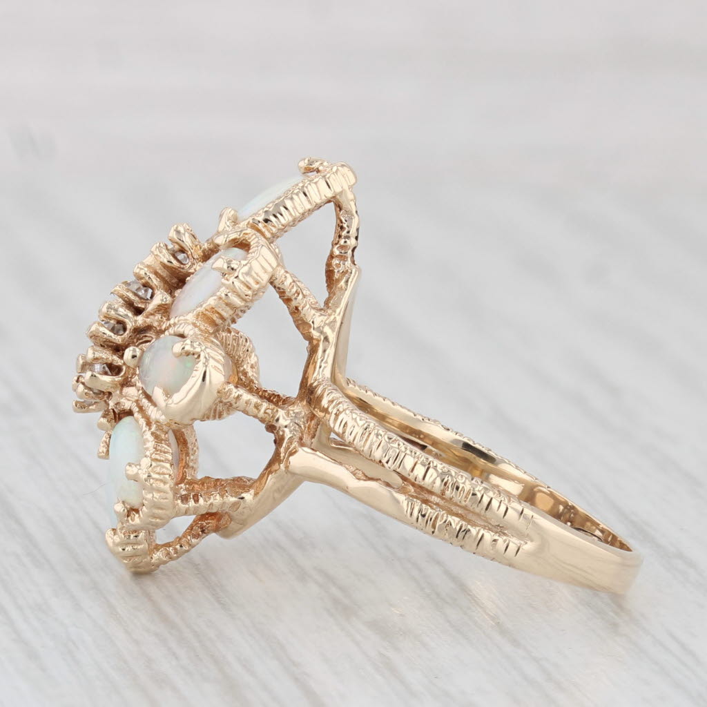 Light Gray Vintage Opal Diamond Flower Cocktail Ring 14k Yellow Gold Size 6.25