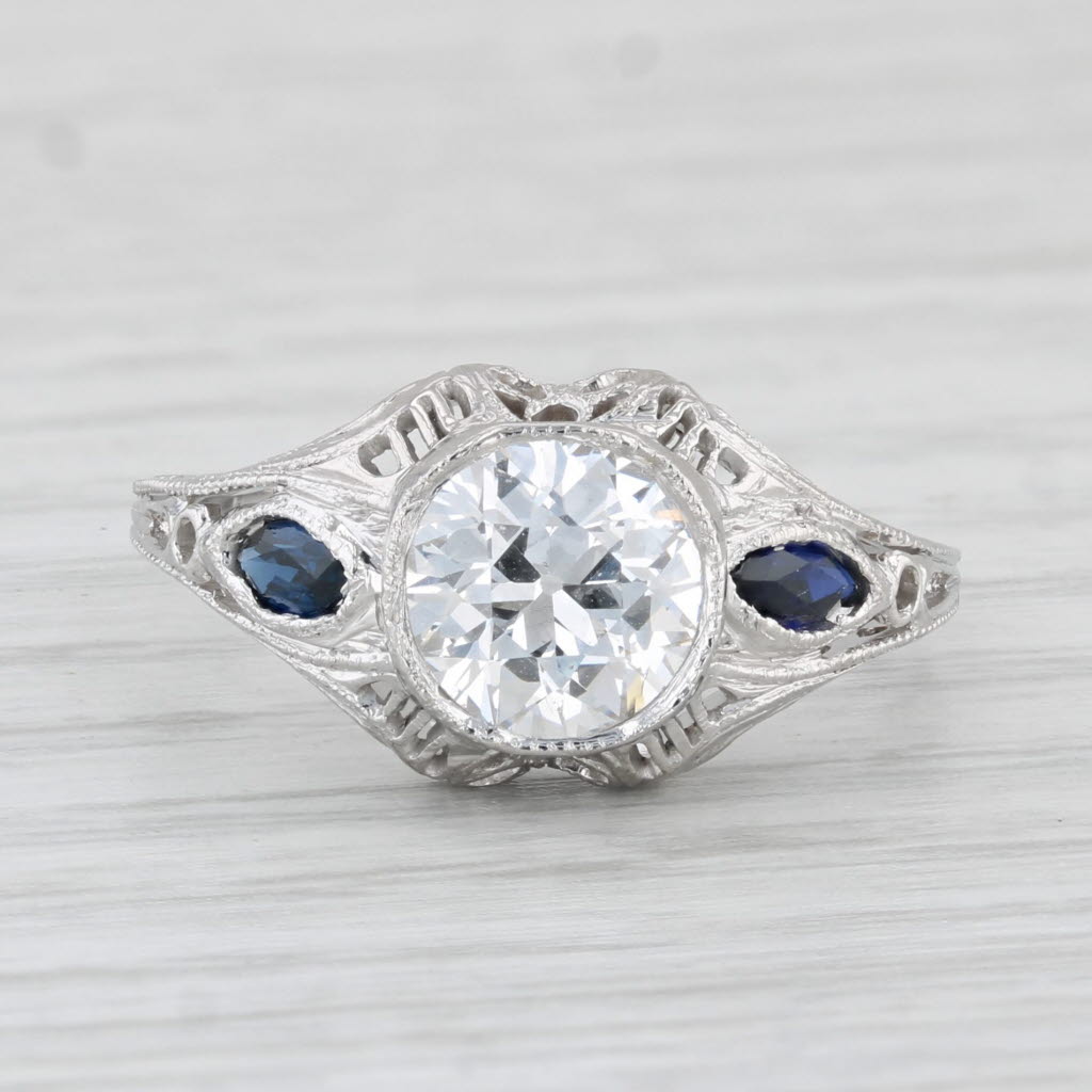 Light Gray Art Deco 1.24ct Diamond Lab Created Sapphire Engagement Ring 18k Gold GIA