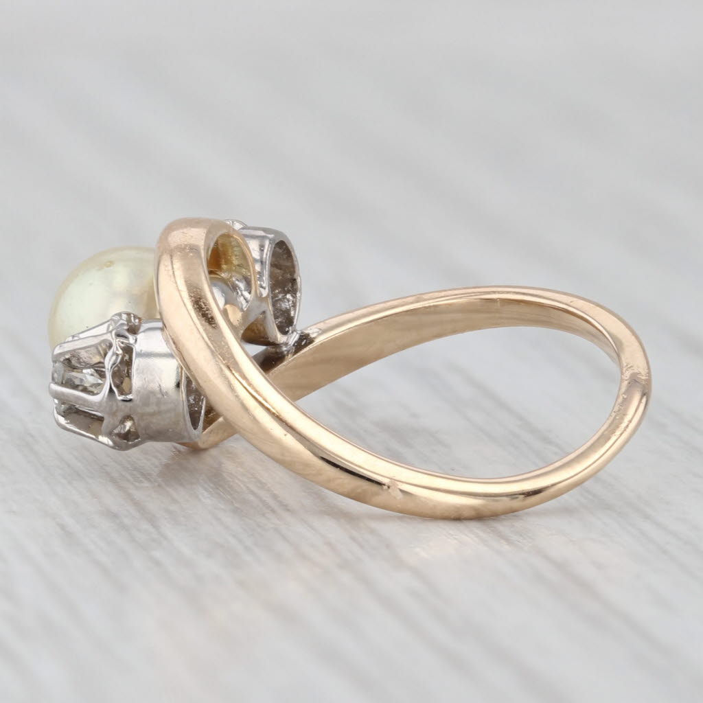 Light Gray Vintage Cultured Pearl Diamond Bypass Ring 10k-12k Yellow Gold Size 4.5