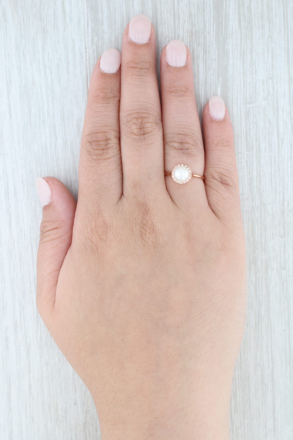 Light Gray Cultured Pearl Diamond Halo Ring 14k Rose Gold Size 7.5