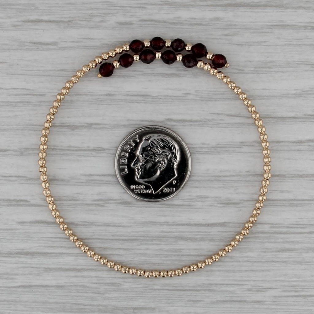 Garnet Bead Bypass Bangle Bracelet 14k Yellow Gold 6.5" Adjustable