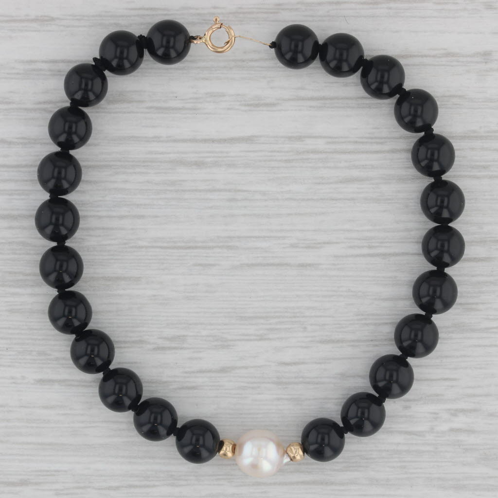 Gray Black Onyx Cultured White Pearl Bead Strand Bracelet 14k Yellow Gold 7"