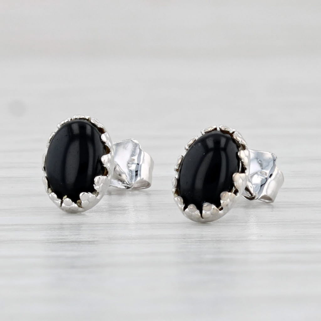 Light Gray Black Onyx Stud Earrings 14k White Gold Oval Cabochon Solitaires