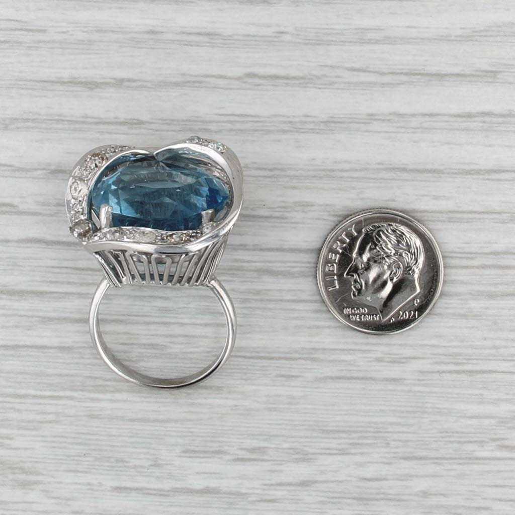25.97ctw Aquamarine Diamond Swirl Cocktail Ring 10k-13.5 White Gold Size 8