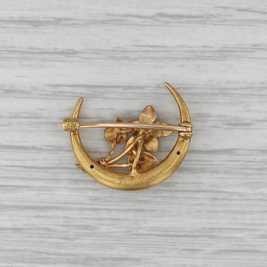 Vintage Crescent Moon Flower Brooch 14k Yellow Gold Enamel Diamond Floral Pin