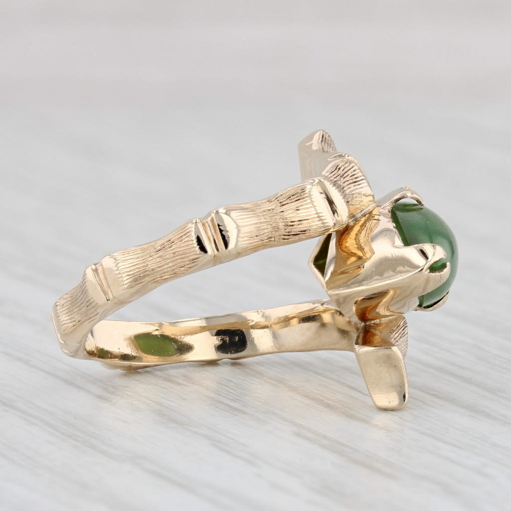 Light Gray Marquise Green Nephrite Jade Bamboo Ring 10k Yellow Gold Bypass Size 6.25