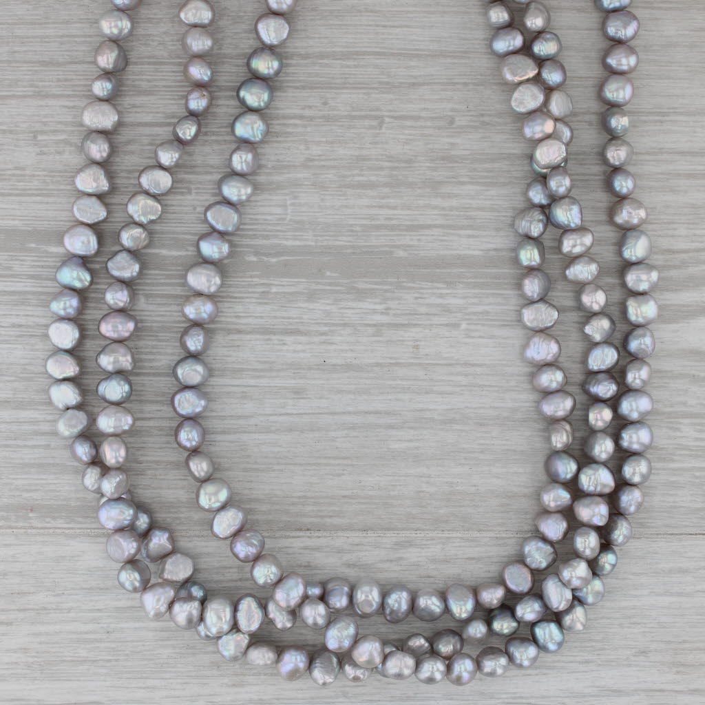 Dark Gray Gray Pearl Semi Baroque Three Strand Necklace 14K Gold Clasp 17.75"