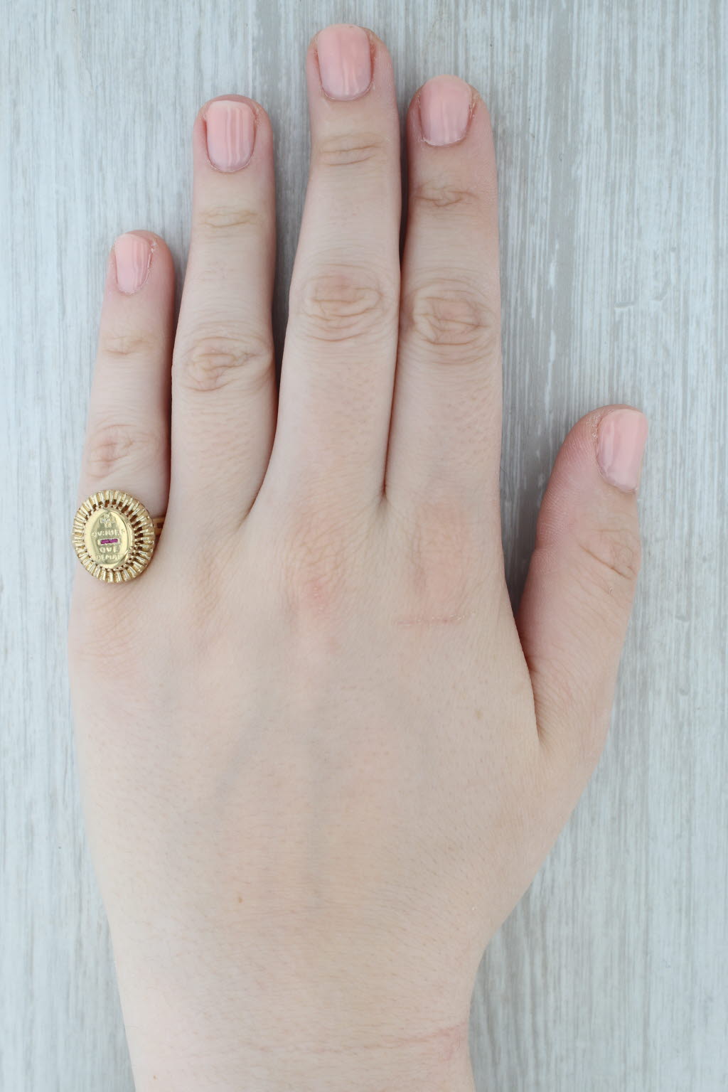 Gray Qu'Hier Que Demain French Love Poem Ring 14k Gold Diamond Plus Ruby Minus AS IS