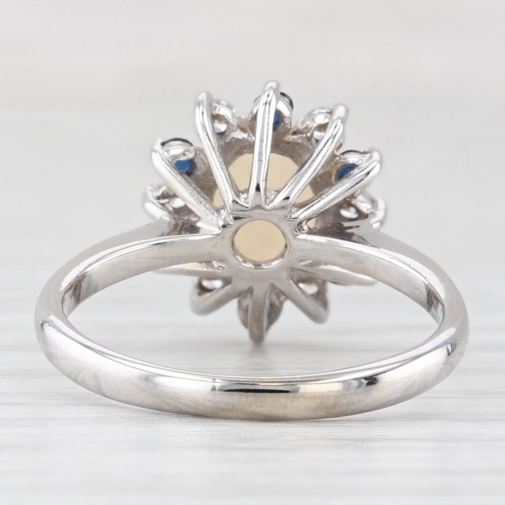 Light Gray Opal Cabochon Sapphire Diamond Halo Ring 14k White Gold Size 6