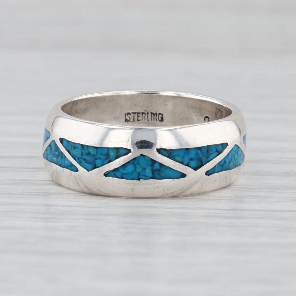 Imitation Turquoise Blue Resin Mosaic Inlay Ring Sterling Silver Size 9 Band