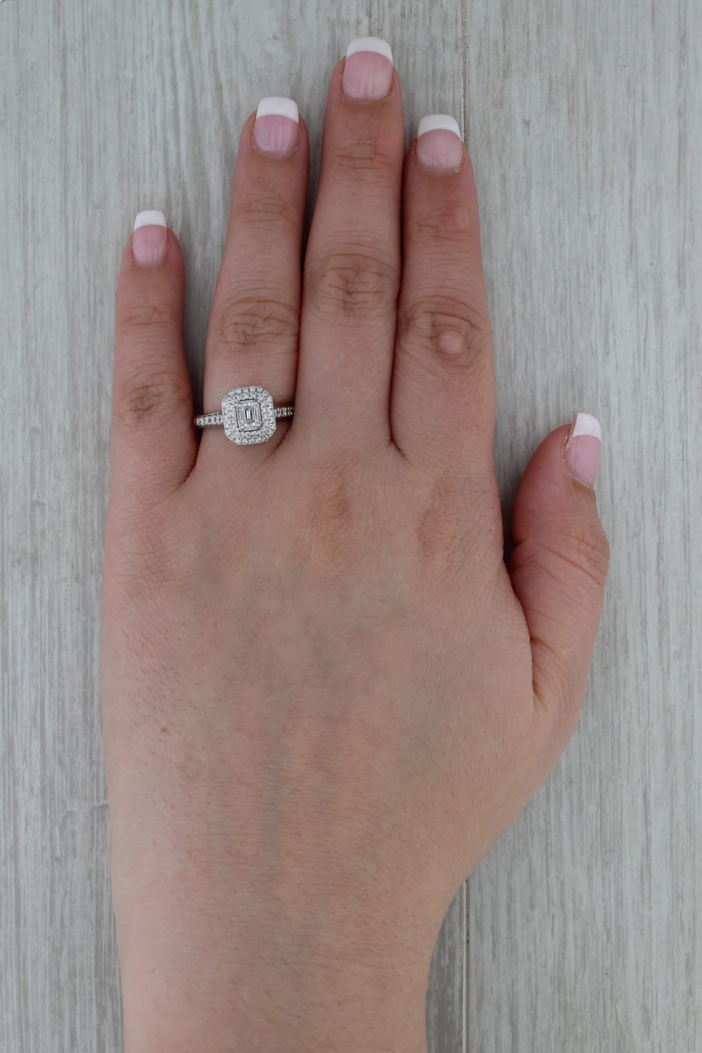 0.75ctw Emerald Cut Diamond Halo Engagement Ring 14k White Gold Size 7