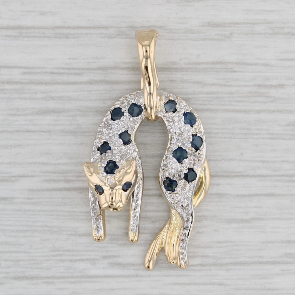 Gray Blue Sapphire Diamond Leopard Pendant 14k Gold Wildcat Drop Enhancer Clip Bail