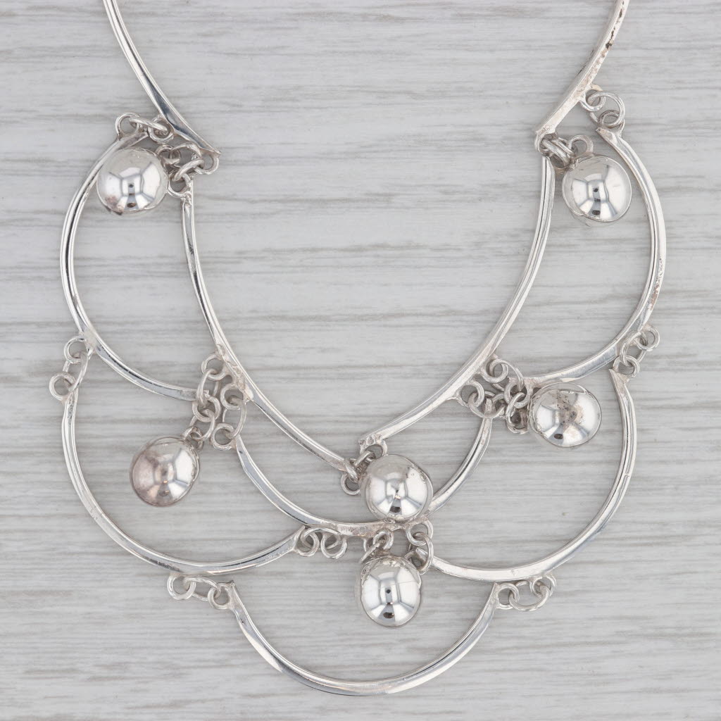 Gray Taxco Mexico Vintage Bib Necklace Sterling Silver Linked Bars & Beads 14" Choker