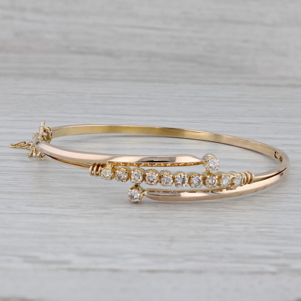 Gray 0.87ctw Diamond Bypass Bangle Bracelet 10k-12k Yellow Gold 6.75"