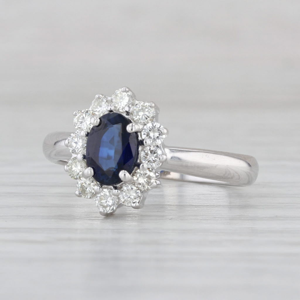 1.30ctw Blue Sapphire Diamond Halo Ring 18k White Gold Size 7.25 Engagement