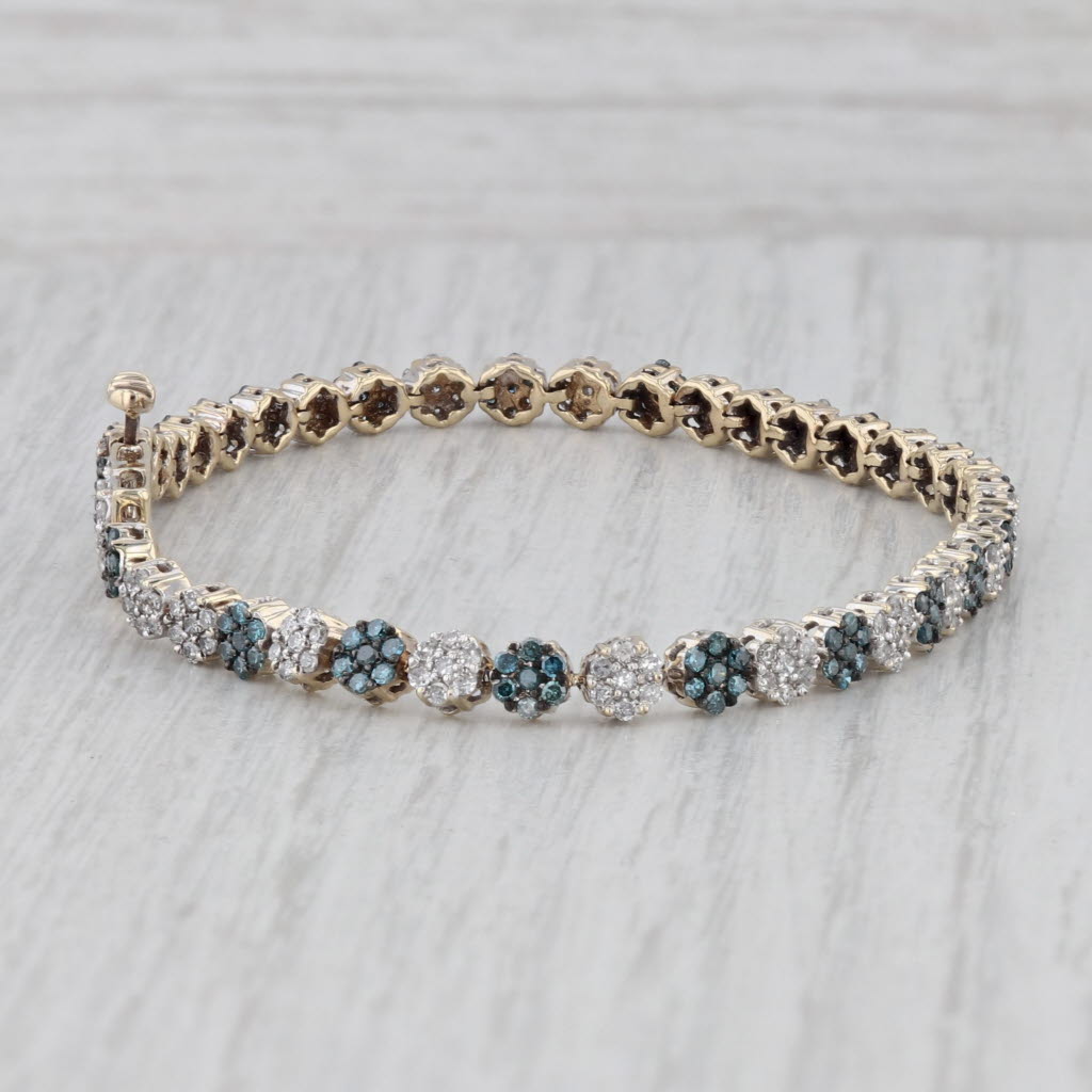 Gray 0.82ctw Blue White Diamond Flower Cluster Tennis Bracelet 10k Yellow Gold