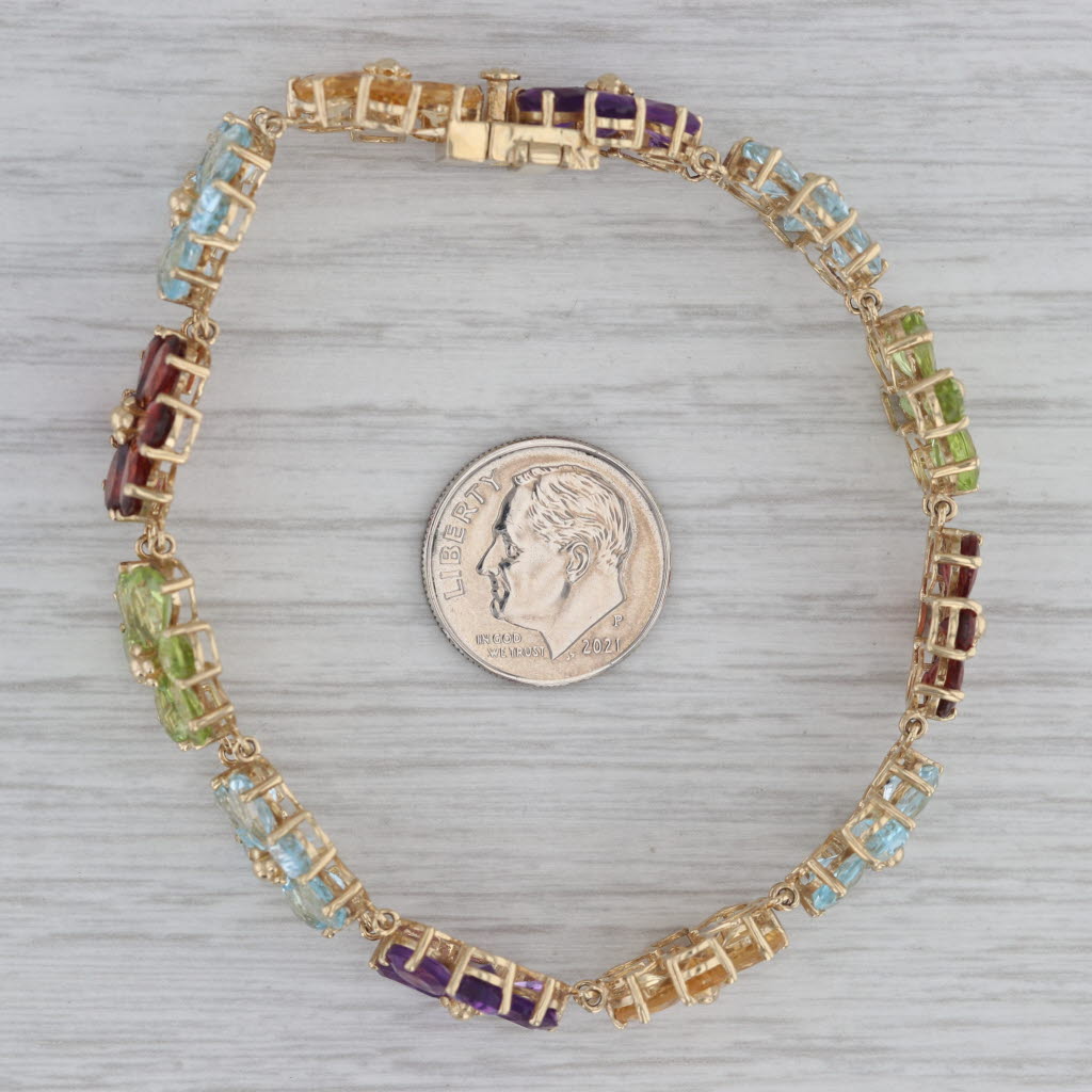 Gray 28.20ctw Gemstone Flower Bracelet 10k Gold 7" Garnet Amethyst peridot Aquamarine