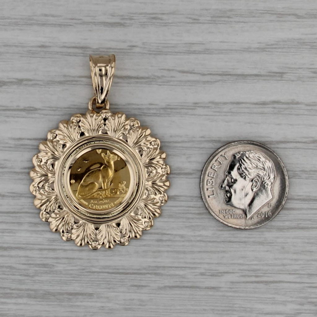 Isle of Man CAT 1/25 ozt Coin Pendant 14k 22k Yellow Gold Crown