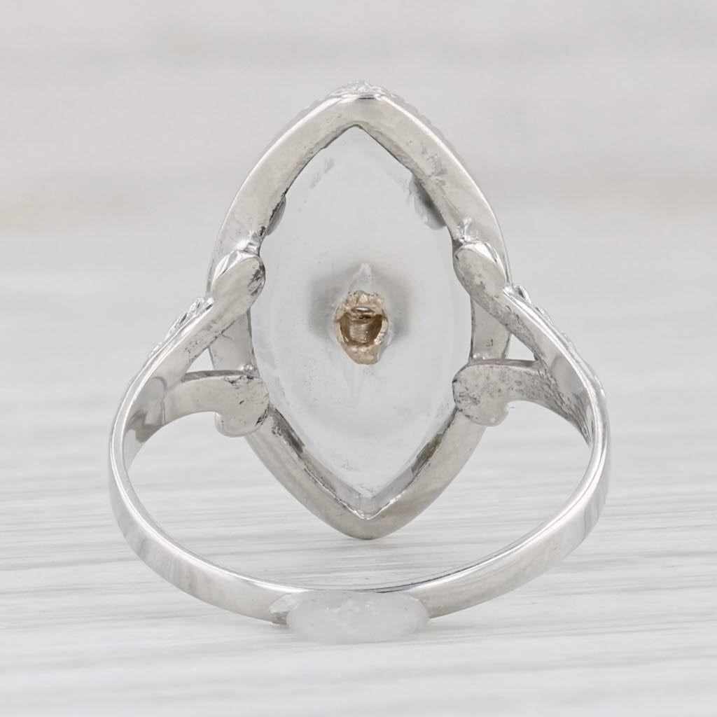 Light Gray Vintage Frosted Camphor Glass Ring 14k White Gold Size 5 Diamond Accent