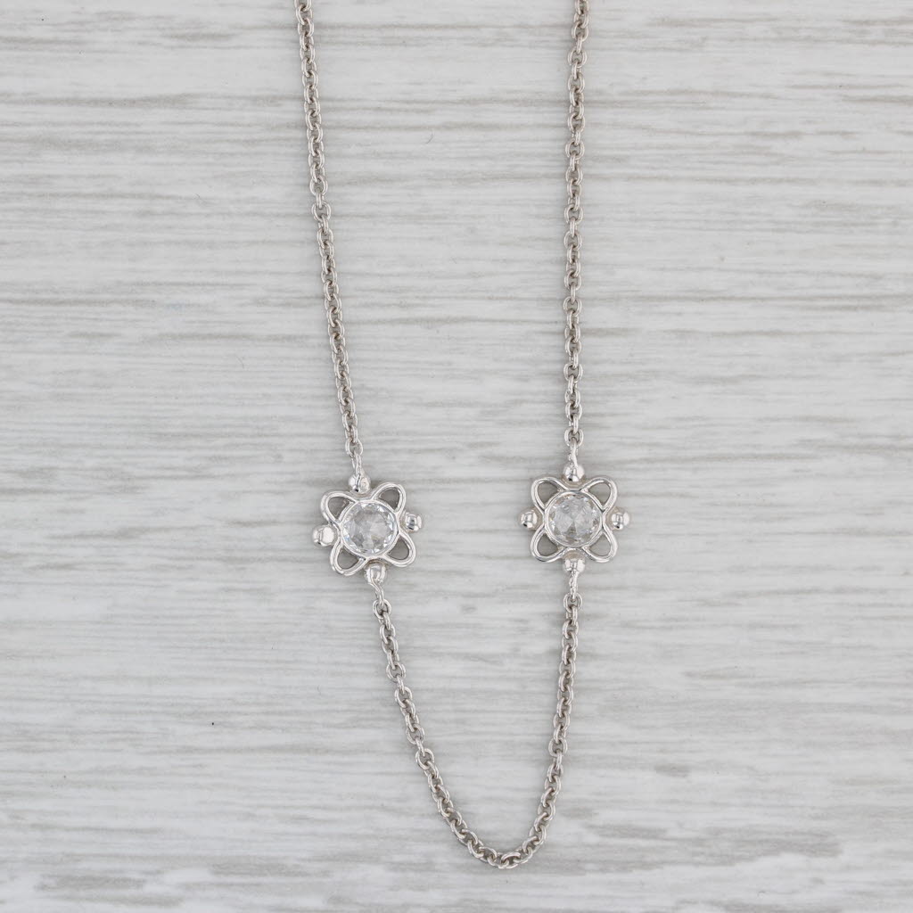 Gray Cubic Zirconia Flower Station Lariat Tassel Necklace Sterling Silver Adjustable