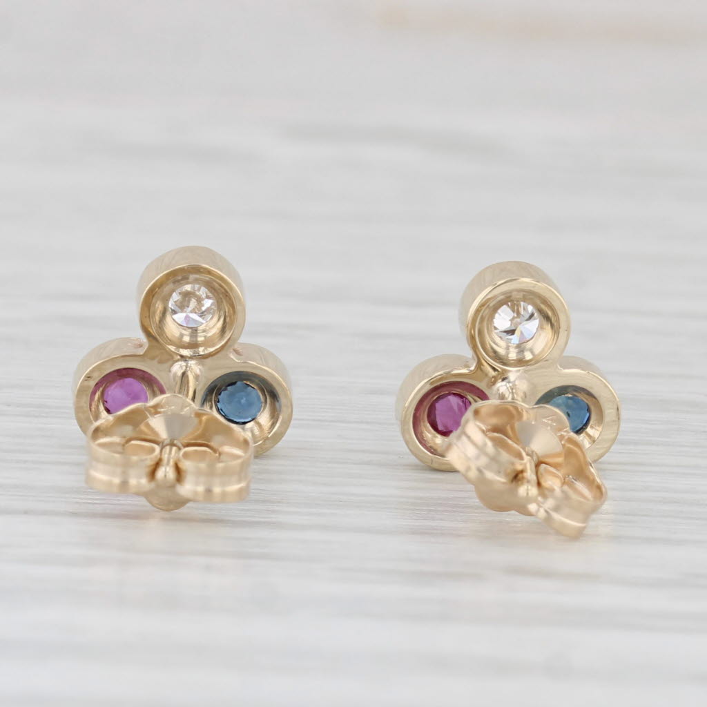 Light Gray 0.34ctw Diamond Ruby Sapphire Stud Earrings 14k Yellow Gold Round 3-Stone