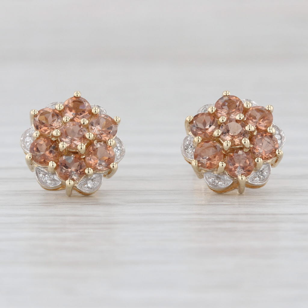 1.43ctw Peach Feldspar Diamond Flower Stud Earrings 10k Yellow Gold Studs