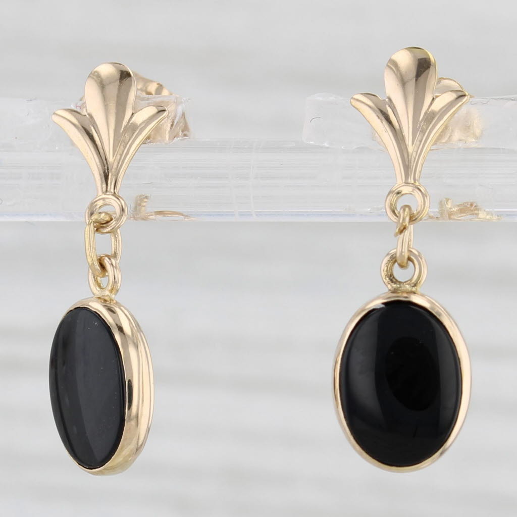 Light Gray Black Onyx Oval Fleur de Lis 14k Yellow Gold Earrings