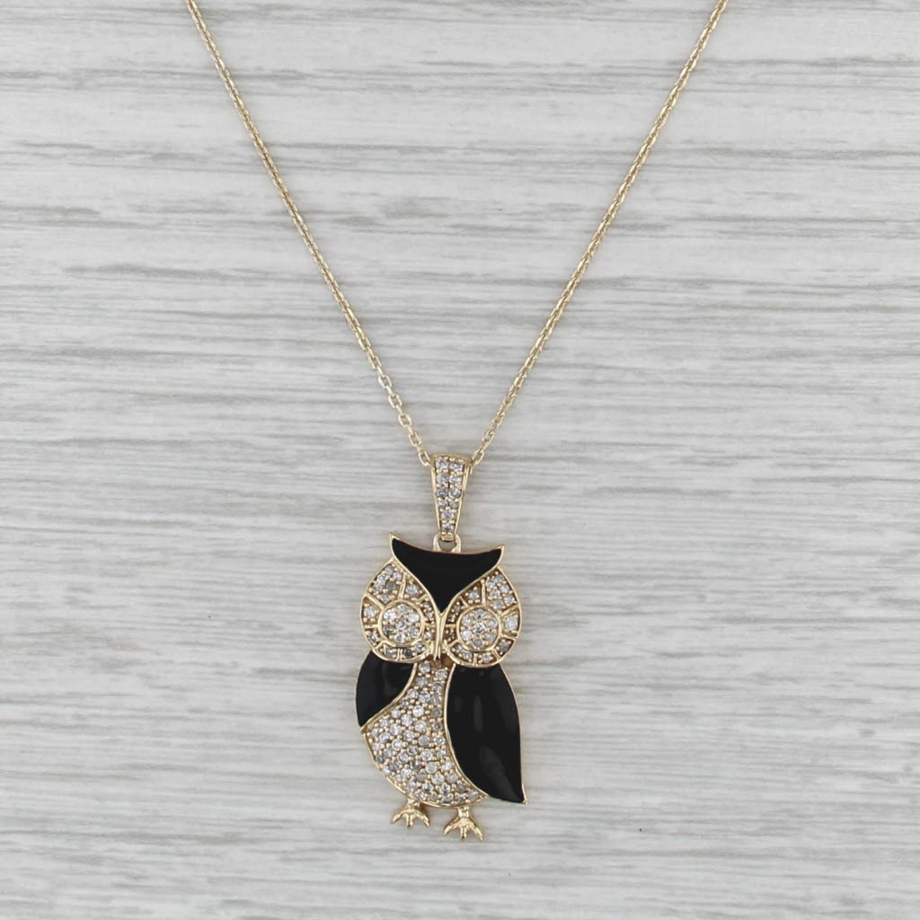 0.44ctw Diamond Enamel Owl Pendant Necklace Sterling Silver Gold Vermeil 18-20"