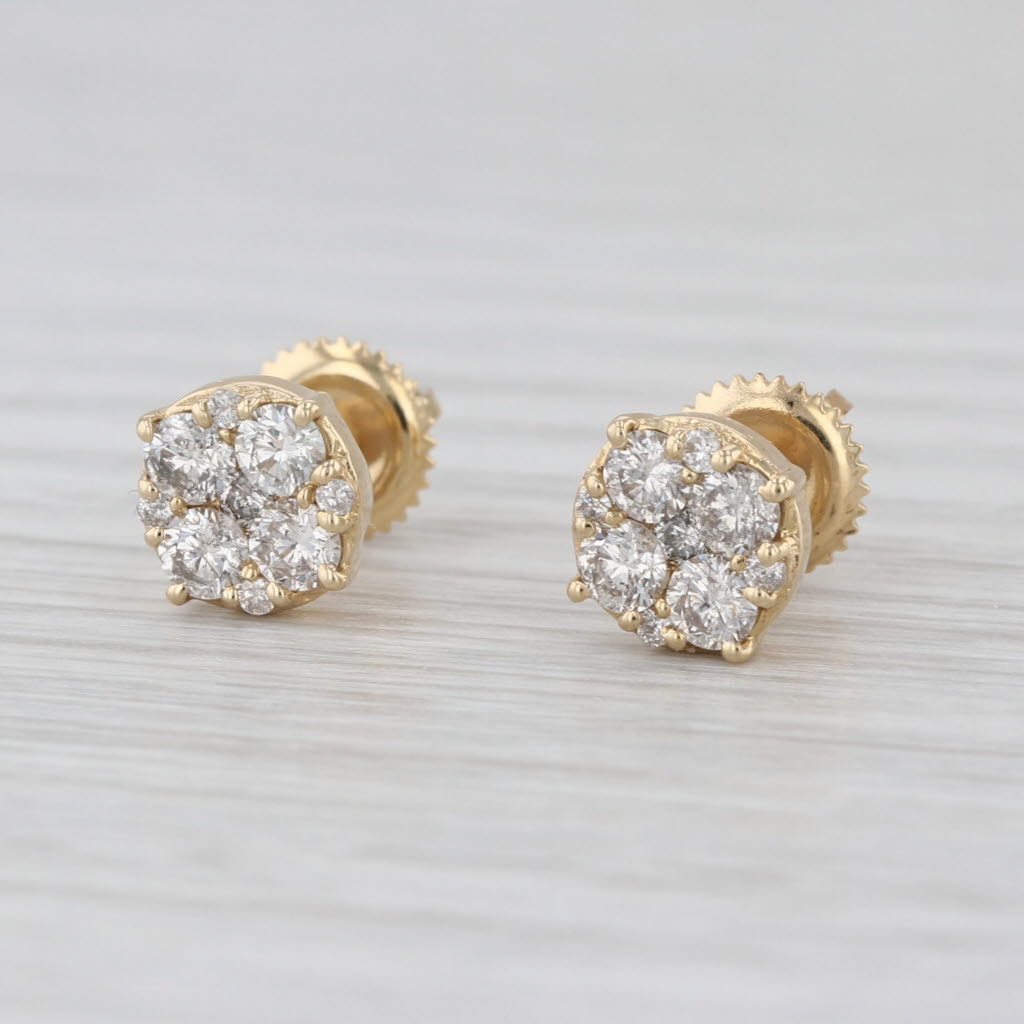 0.70ctw Diamond Cluster Stud Earrings 14k Yellow Gold Screw Back Studs