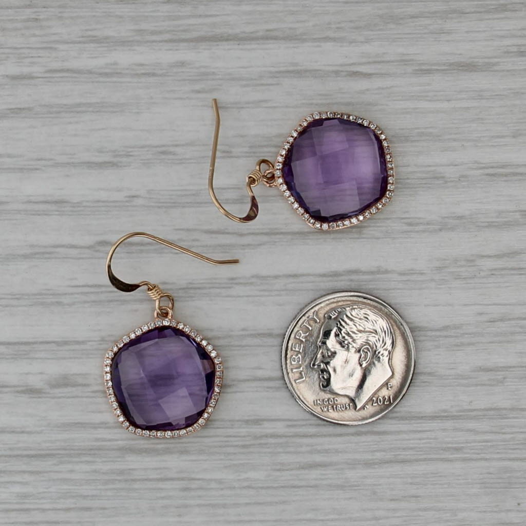 Amethyst 0.30ctw Diamond Halo Dangle Earrings 14k Yellow Gold Hook Posts