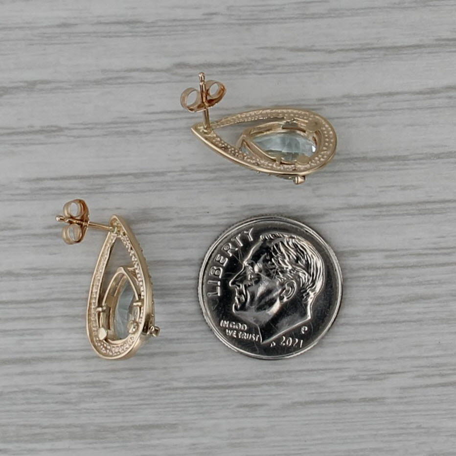 3.16ctw Aquamarine Diamond Teardrop Stud Earrings 10k Yellow Gold Pear Studs
