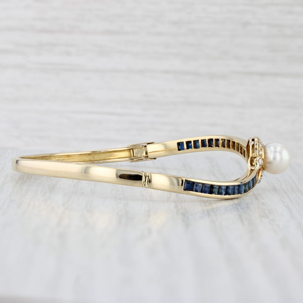 Light Gray Cultured Pearl Sapphire Diamond Bangle Bracelet 18k Yellow Gold 7"