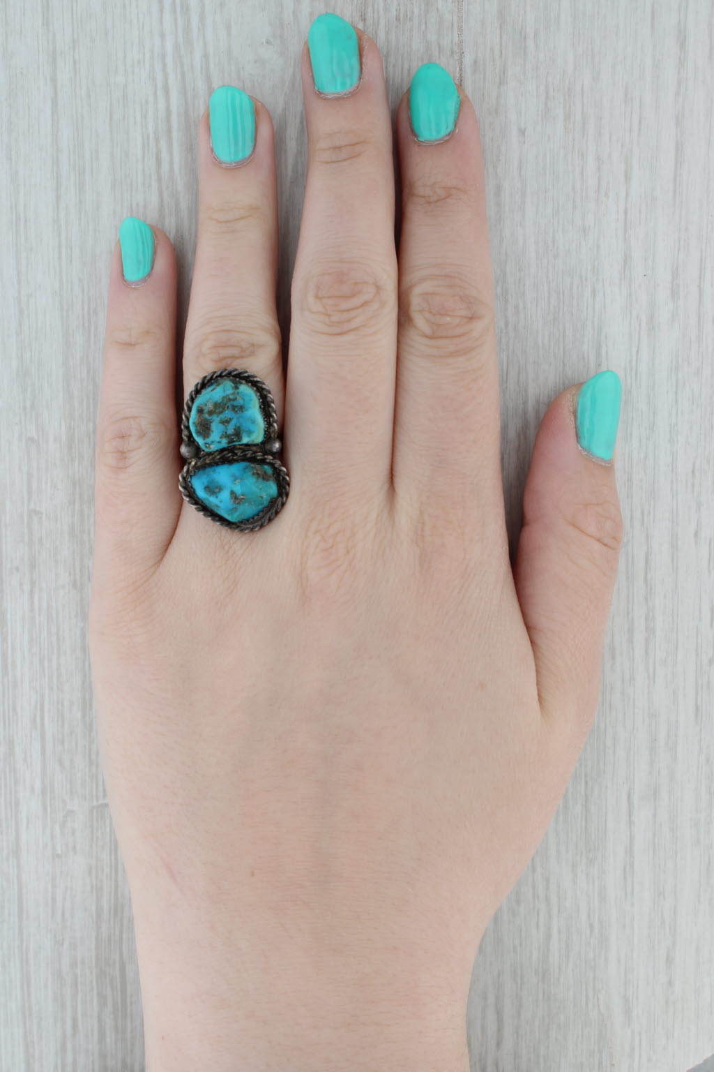 Gray Vintage Native American Turquoise Cabochon Ring Sterling Silver Size 8