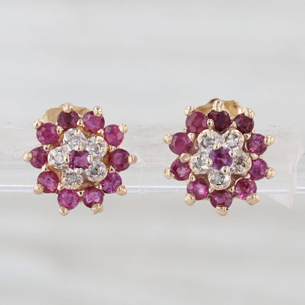 0.72ctw Ruby Diamond Flower Stud Earrings 10k 14k Gold Small Round Studs
