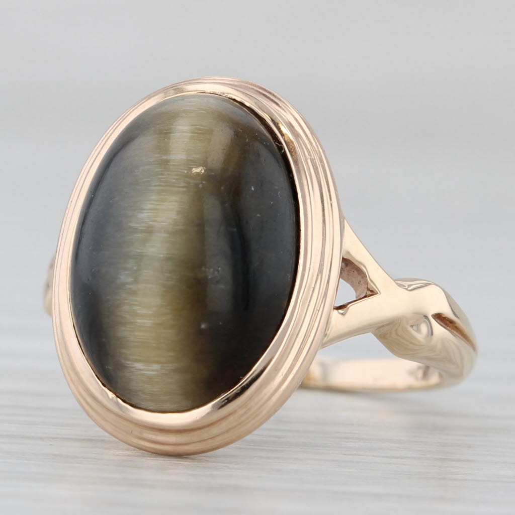 Gray Vintage Cat's Eye Tiger's Eye Oval Cabochon Solitaire Ring 10k Gold Size 4.75