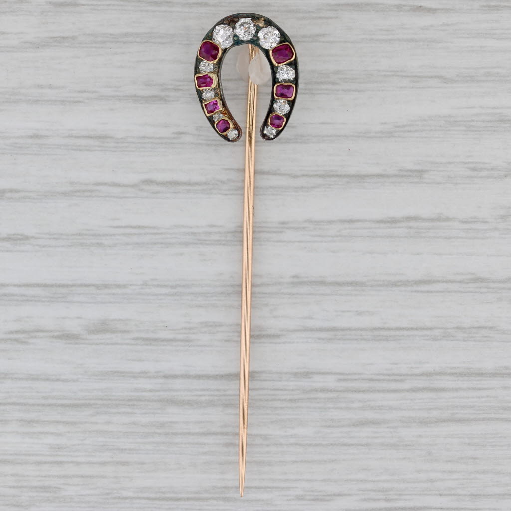 Gray Antique 0.70ctw Ruby Diamond Horseshoe Stickpin Silver Gold