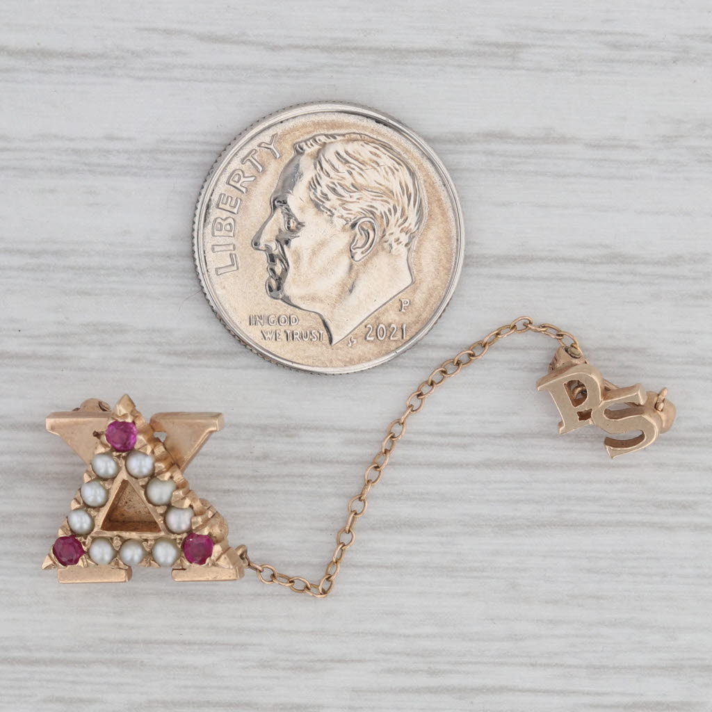 Gray Delta Chi Badge 10k Gold Pearl Lab Created Ruby Vintage Fraternity Pin