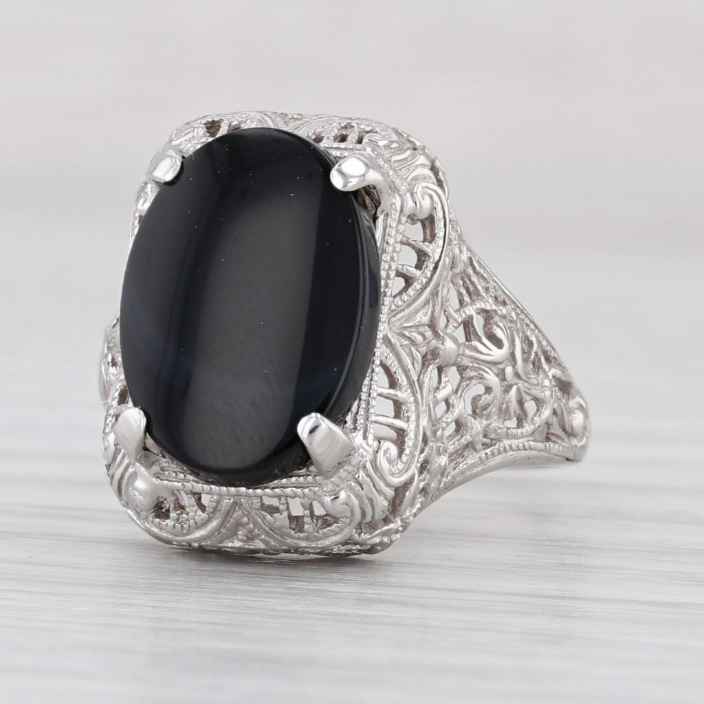 Vintage Oval Onyx Floral Filigree Ring 14k White Gold Size 6.75