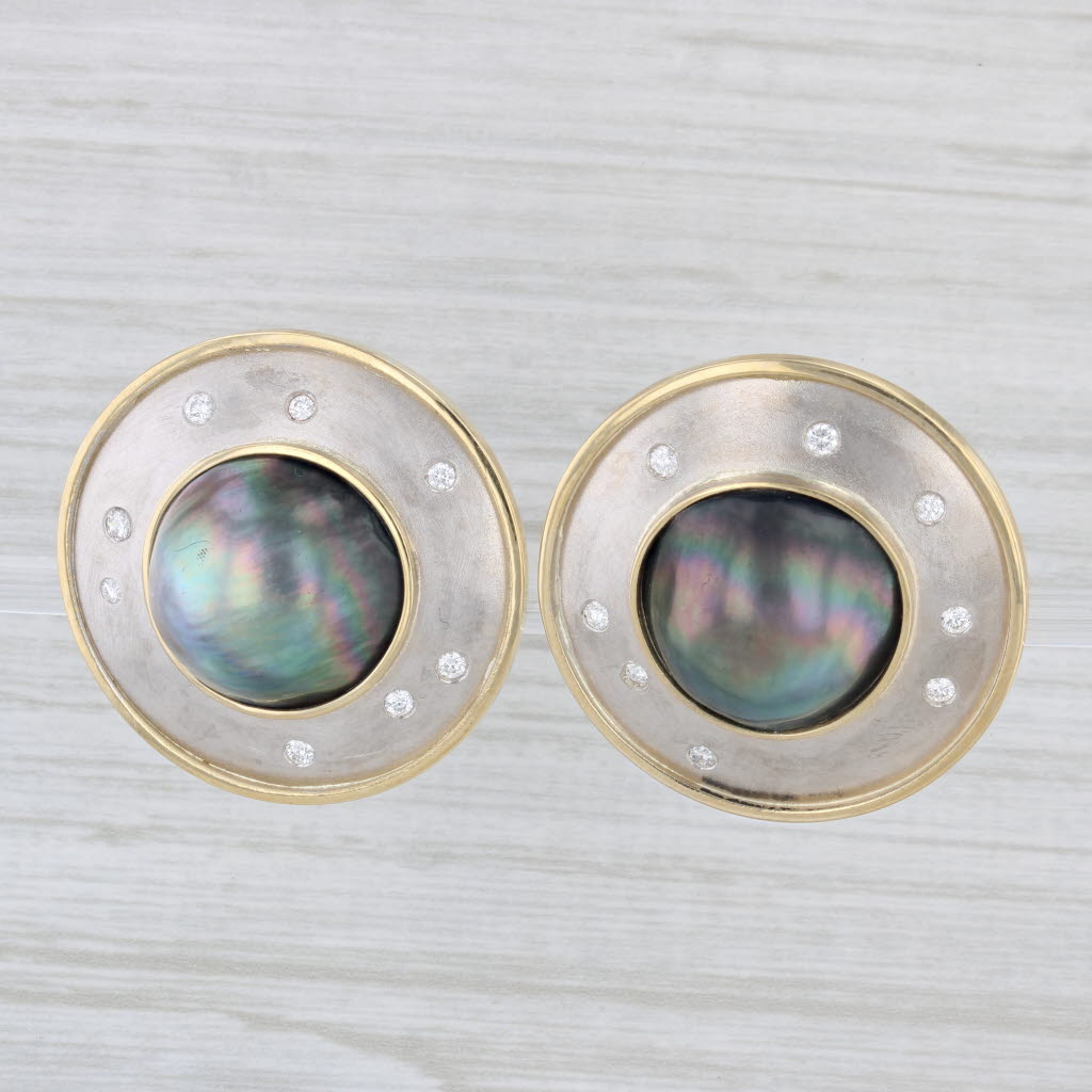 Light Gray Gray Made Pearl 0.46ctw Diamond Statement Earrings 14k 18k Gold Clip On Signed