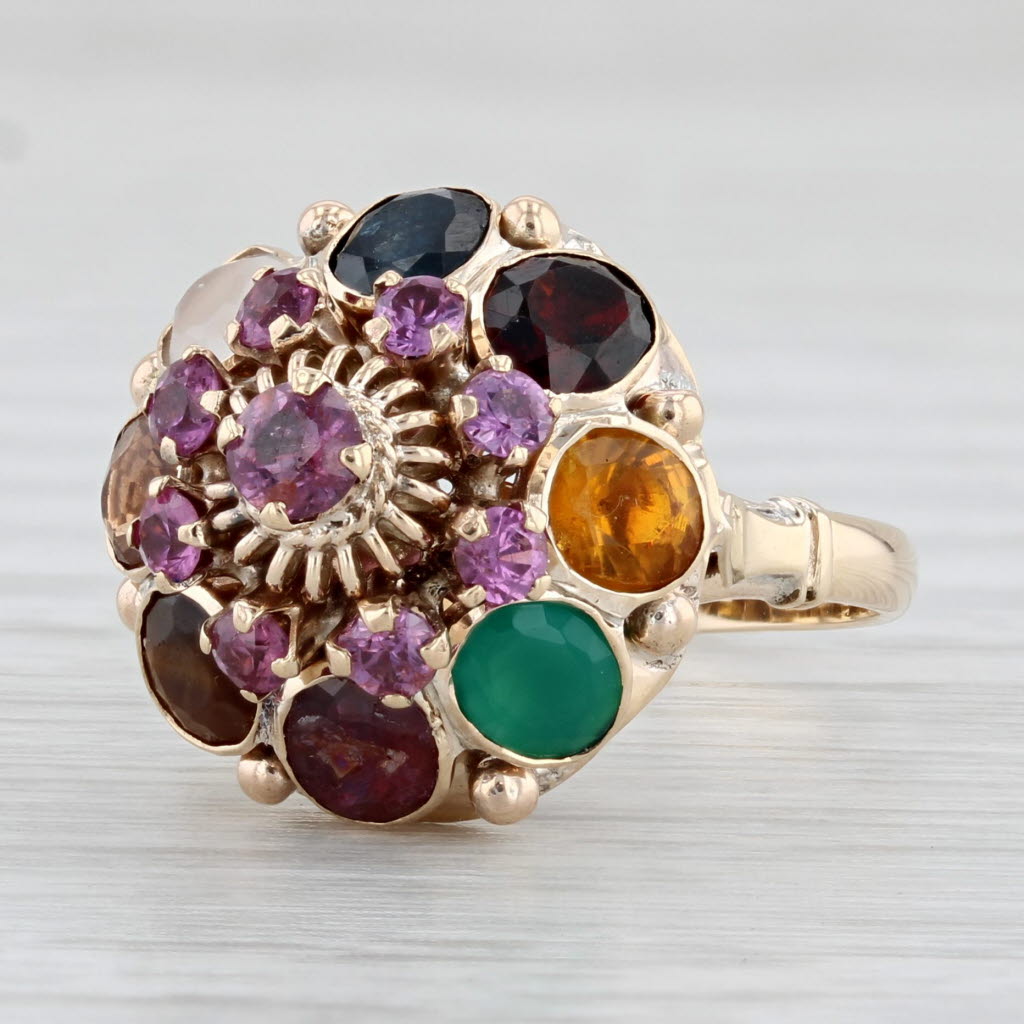 Light Gray Domed Gemstone Cluster Cocktail Ring 9k Yellow Gold Sapphire Chalcedony Size 7.5