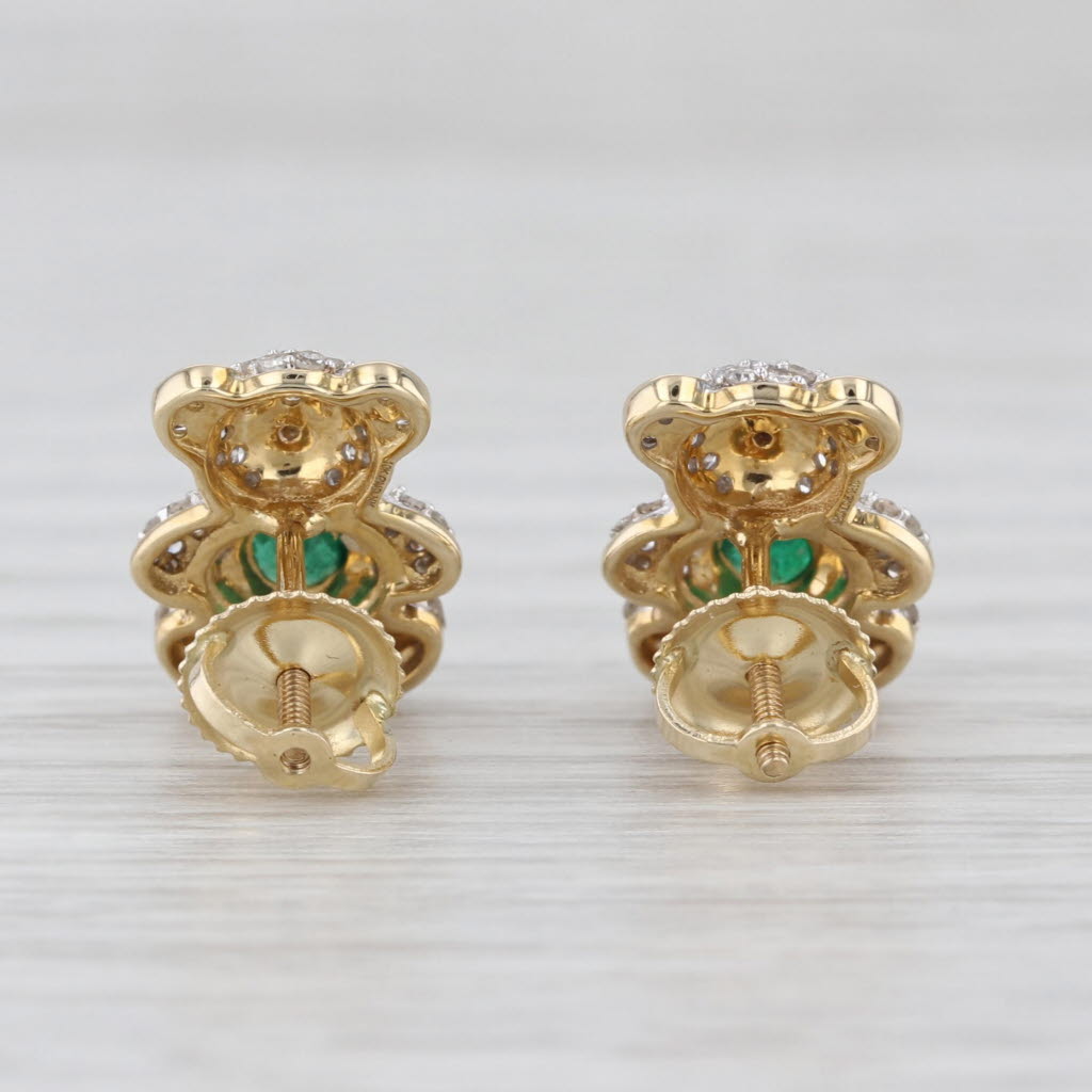 0.86ctw Emerald Hearts Diamond Teddy Bear Stud Earrings 10k Yellow Gold