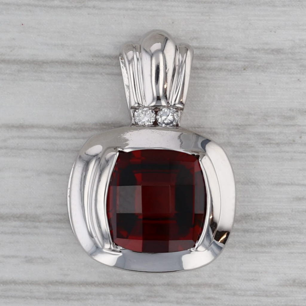 Gray 3.20ct Cushion Garnet Solitaire Diamond Pendant 14k White Gold