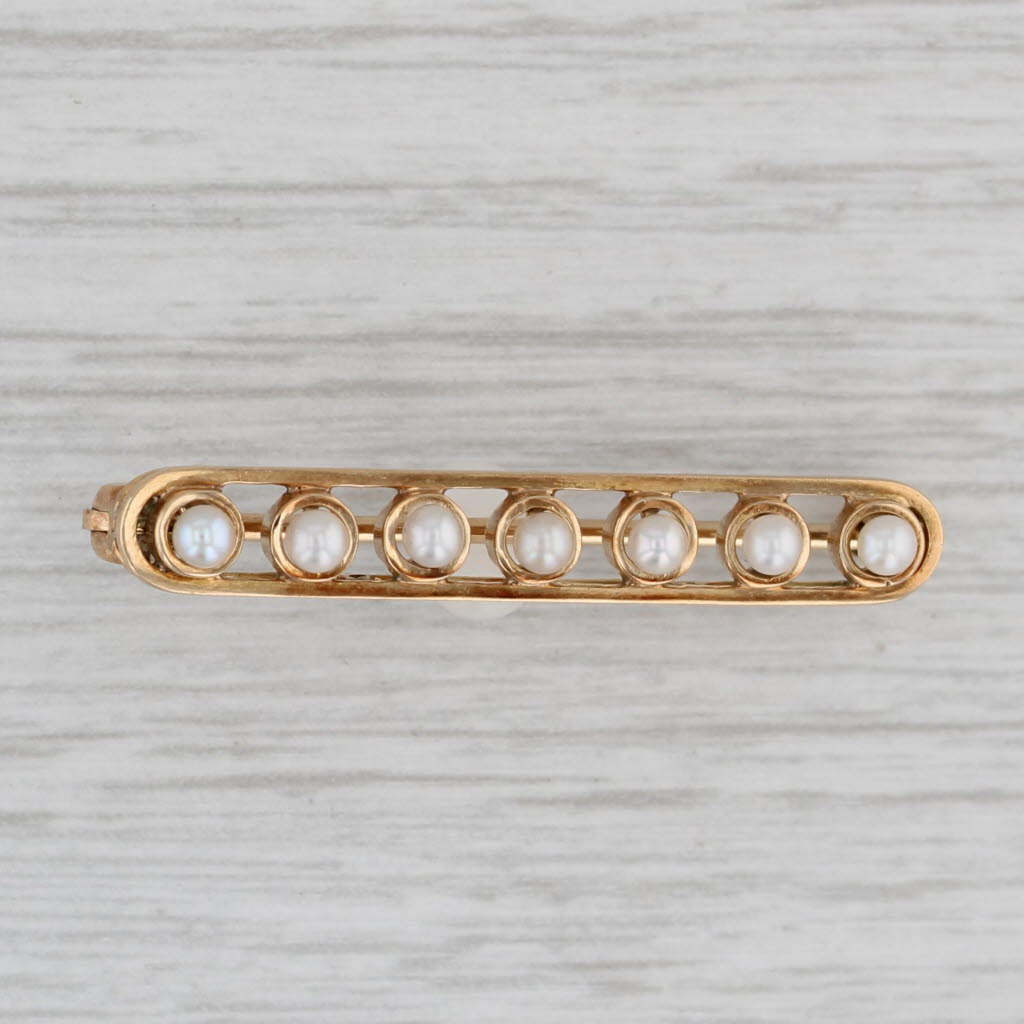 Gray Cultured Pearl Bar Pin 14k Yellow Gold Vintage Brooch