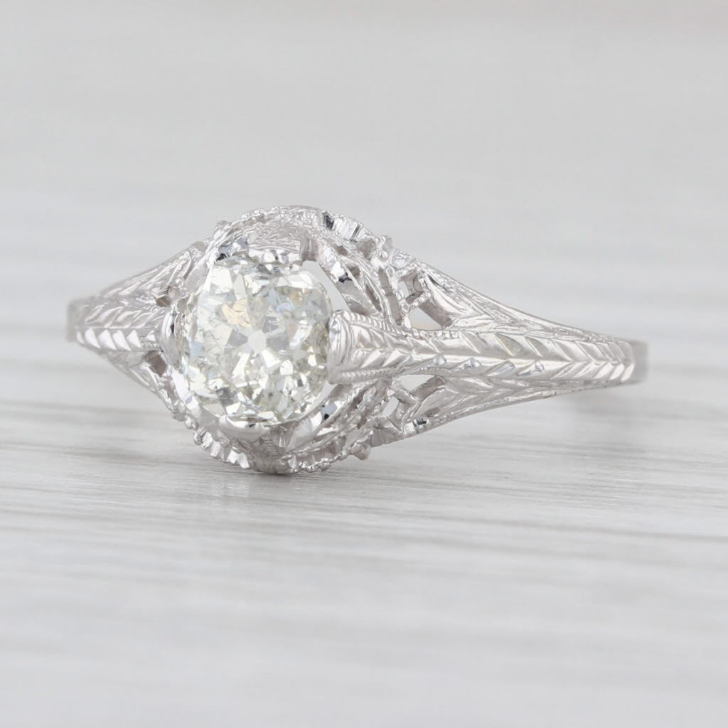 Art Deco 0.73ct Diamond Old Mine Cut Solitaire Engagement Ring 18k White Gold