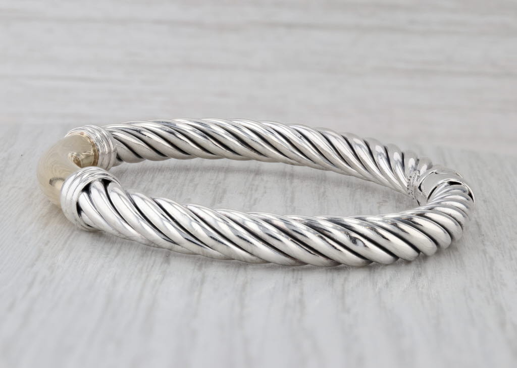 Cable Bangle Bracelet Sterling Silver 18k Gold 7.5" 7.4mm Hinged Snap Clasp