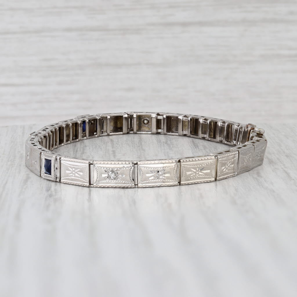 Art Deco Lab Created Sapphire Diamond Link Bracelet 6.75" 4.5mm