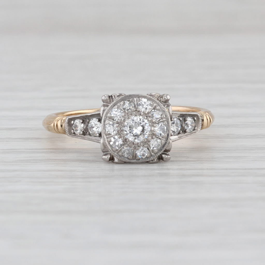Vintage 0.34ctw Diamond Cluster Ring 14k White Yellow Gold Size 7 Cathedral