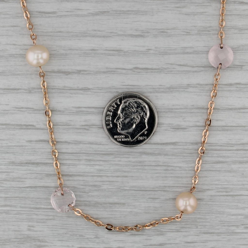 Cultured Pearl Rose Quartz Station Necklace 14k Rose Gold 24.5" Adjustable